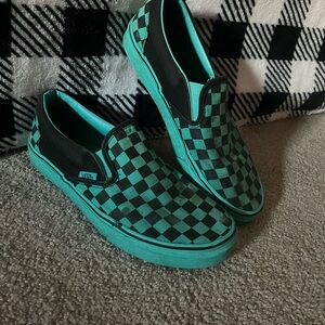 Vans Teal & Black Checkerboard Slip-On Shoes